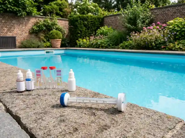 Testkit voor zwembadwater op de rand van het bad