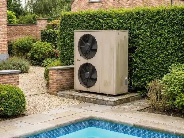 Warmtepomp voor het zwembad op een sokkel naast de haag